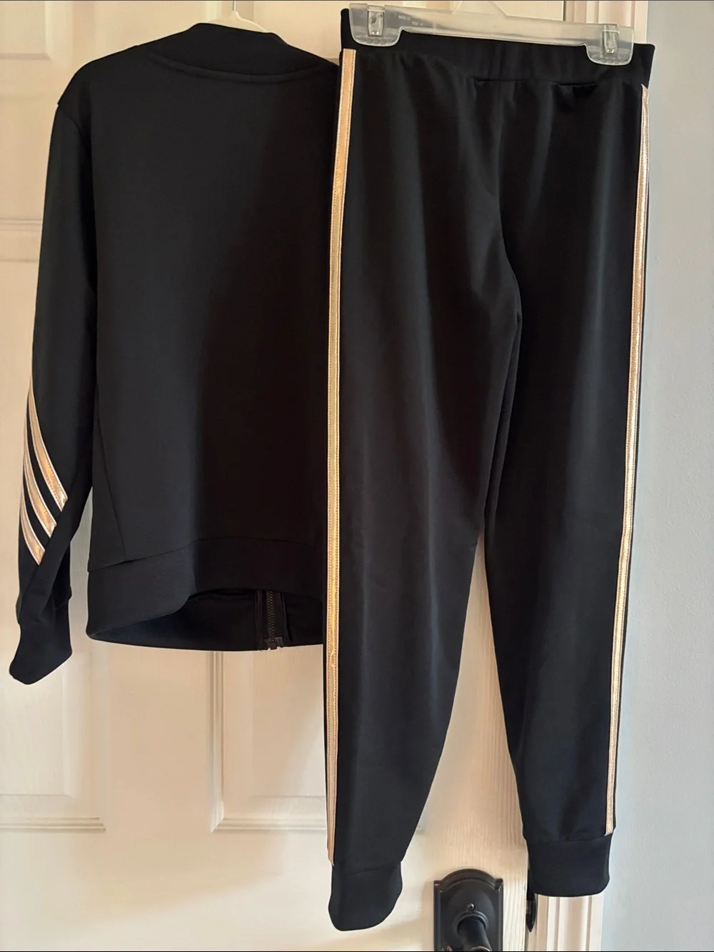 Adidas girls 7/8 Black Track Jacket and Pants Set with Metallic Gold Stripes
